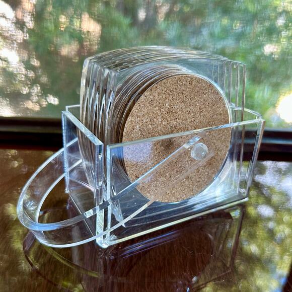 Vintage Clear Lucite and Cork Coaster Set with Holder – 6 Coasters with Caddy - Picture 7 of 13